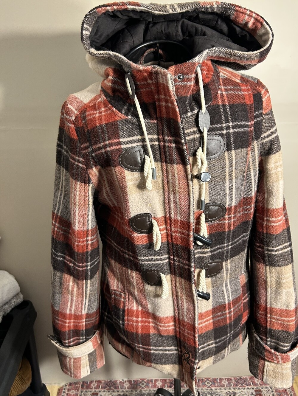 wool womens size medium coat jacket outdoor gorpcore plaid tan brown outdoor